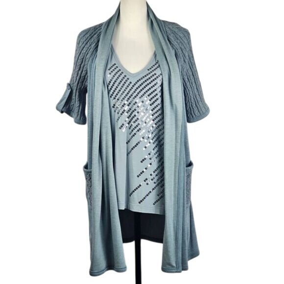 St. John Soft Blue Jersey Knit Open Cardigan Sz S/L Sequin Tank Set Cable Knit - Picture 1 of 15